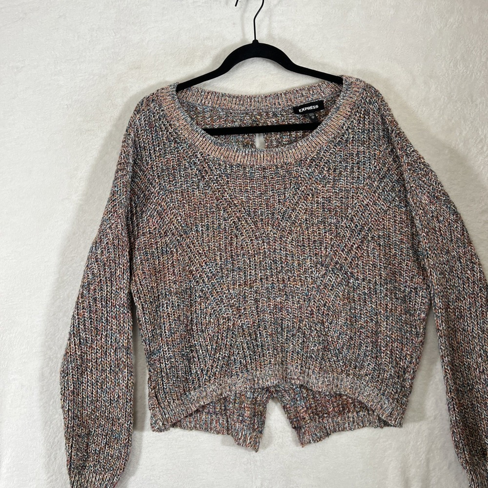 Express Women's Rainbow Multicolor Braided Back Slouchy Cropped Sweater Boho XS